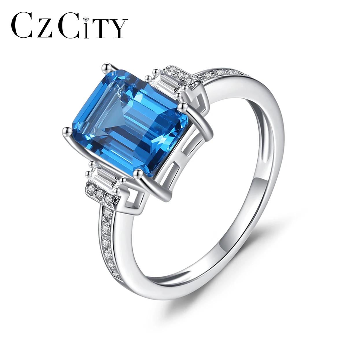 

CZCITY Genuine 925 Sterling Silver Blue Sapphire Ring for Women Engagement Wedding Bridal Gemstone Promise Princess Fine Jewelry