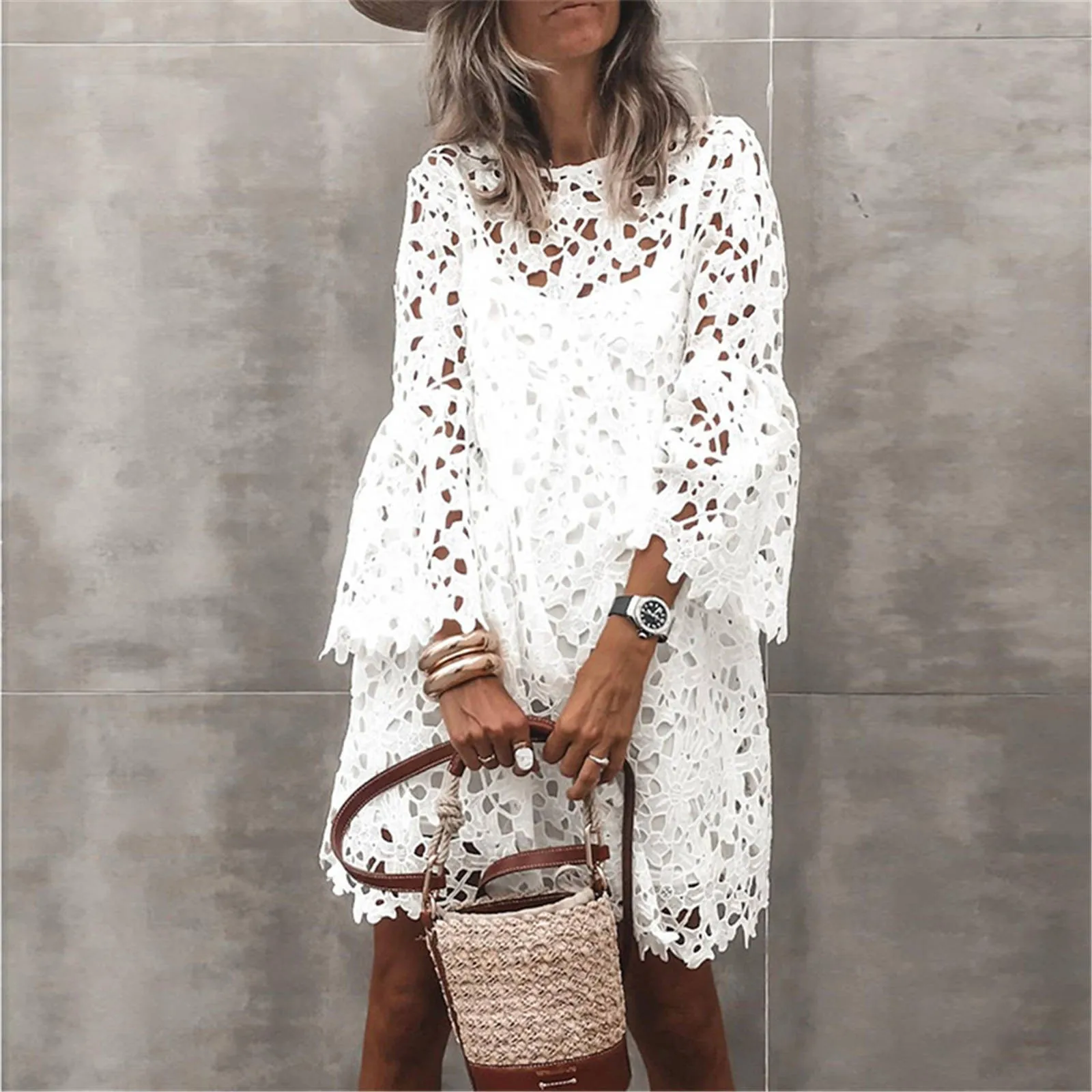 

2022 Summer Midskirt Two-piece Set European and American Ethnic Wind Waist Lace Flower Temperament Small Fragrance Dress