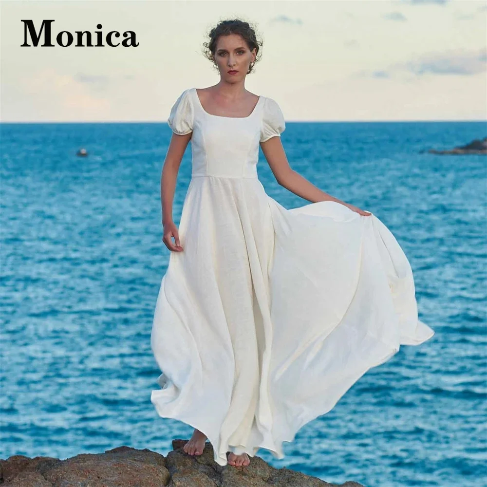 

MONICA Simple A-Line Wedding Dresses For Women Square Collar Puff Sleeve Court Train Satin Zipper Short Sleeve Robe De Mariée