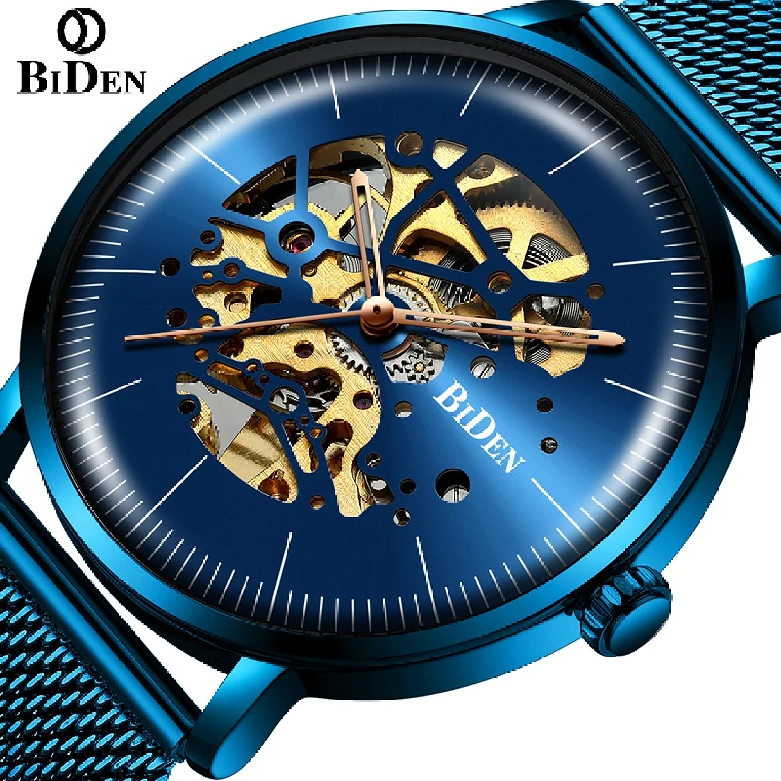

BIDEN Original Men Skeleton Hollow Automatic Mechanical Watch Mesh Stainless Steel Sport Business Wristwatch Relogio Masculino