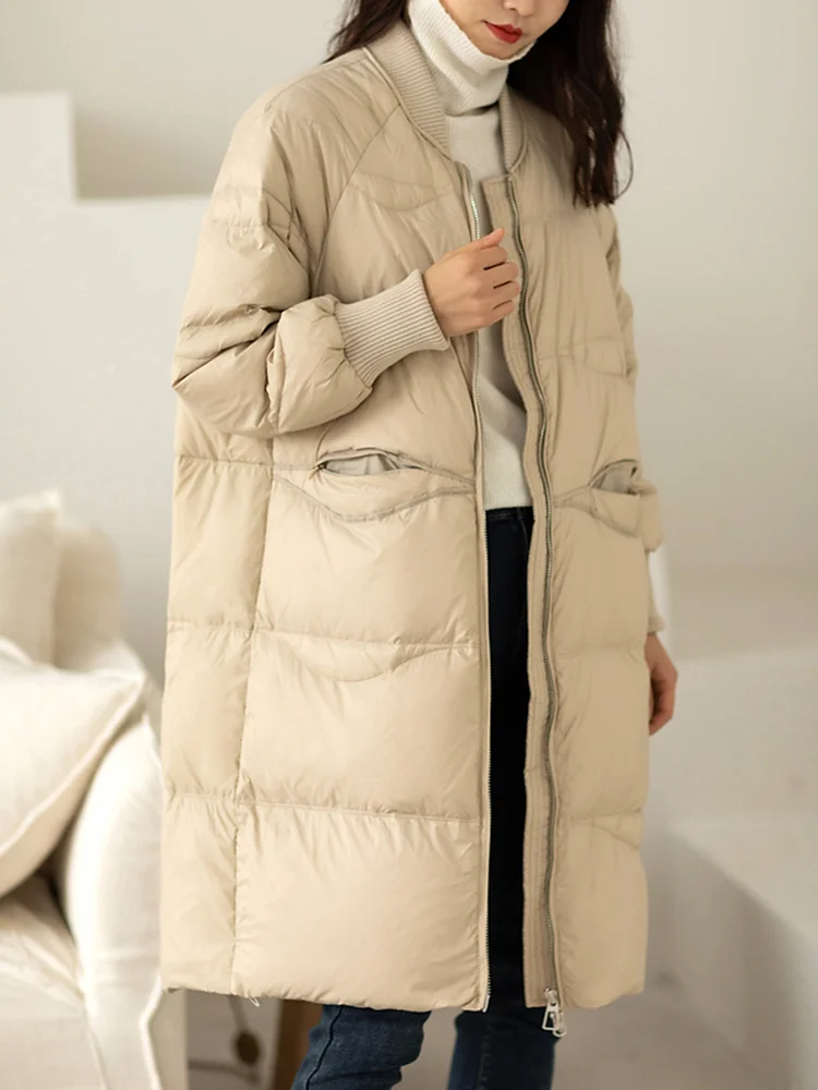 New Autumn Winter Women Loose Thick Warm 90% White Duck Down Parka Casual Female Zipper Pocket Long Down Coat Outwear