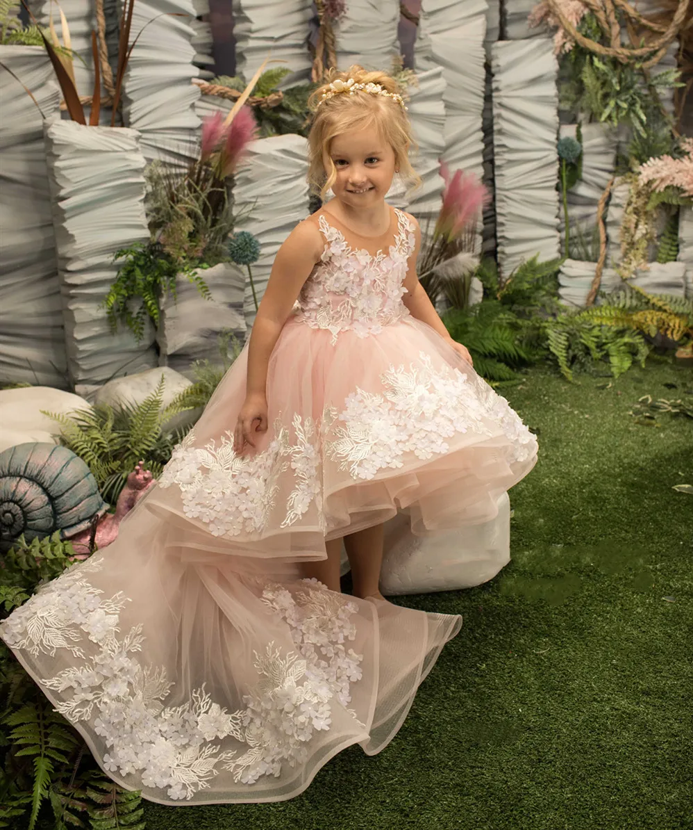 

Puffy Flower Girl Dresses Sheer O Neck Princess Dress Tulle Applique Lace First Communion Dress Cute Kids Dress