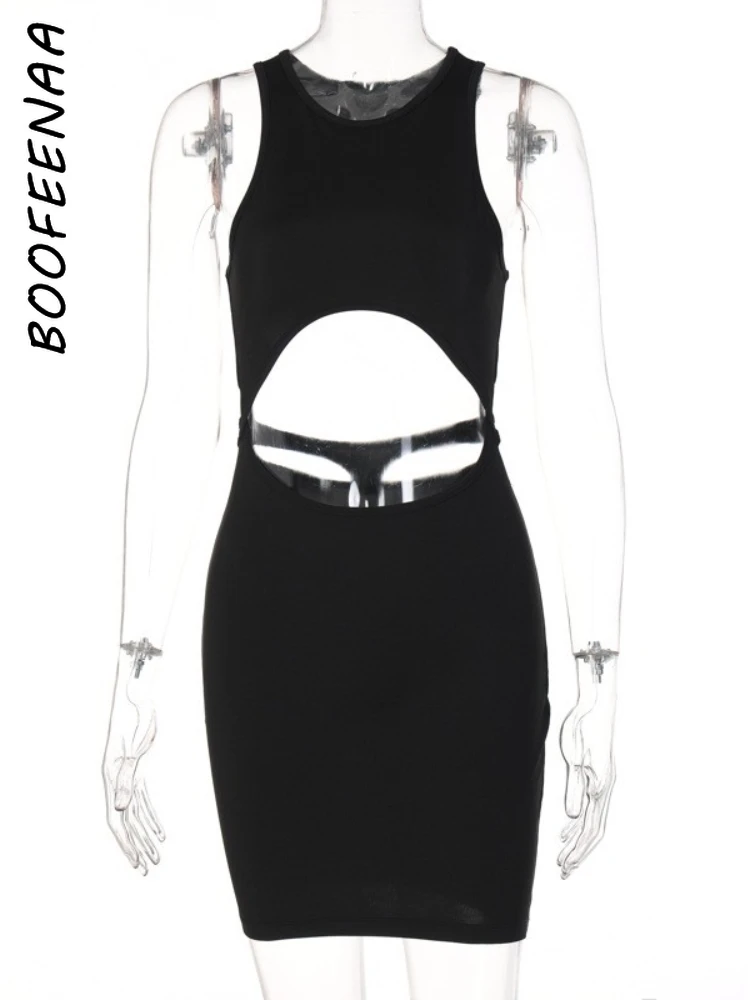 BOOFEENAA Sexy Cut Out Backless Sleeveless Mini Dresses for Women 2022 Summer Night Club Outfit Black Bodycon Dress C95-BB15 images - 6