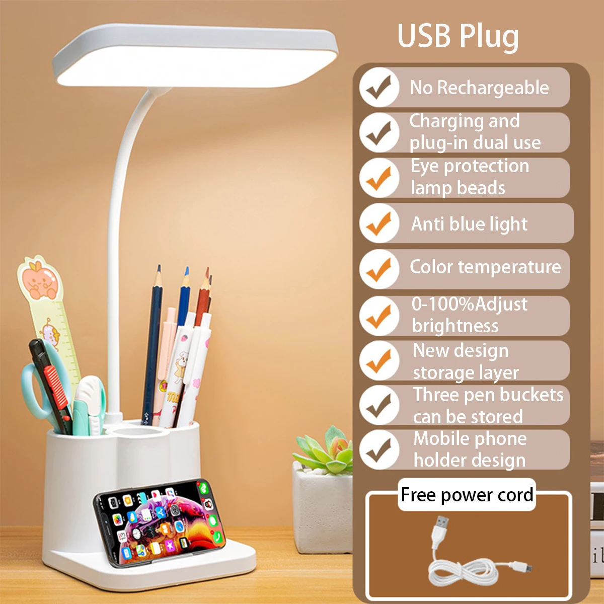 

Настольная лампа USB 3 цвета ABS