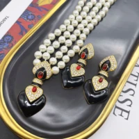 black enamel jewelry rhinestone necklace pendant glass pearls double strands accessories