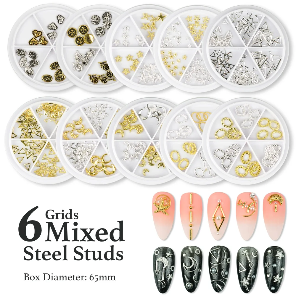 

6 Grids Mixed Steel Studs Stars moons triangles Charms Nails DIY Accessories Nail Decoration Nail Art Rhinestones