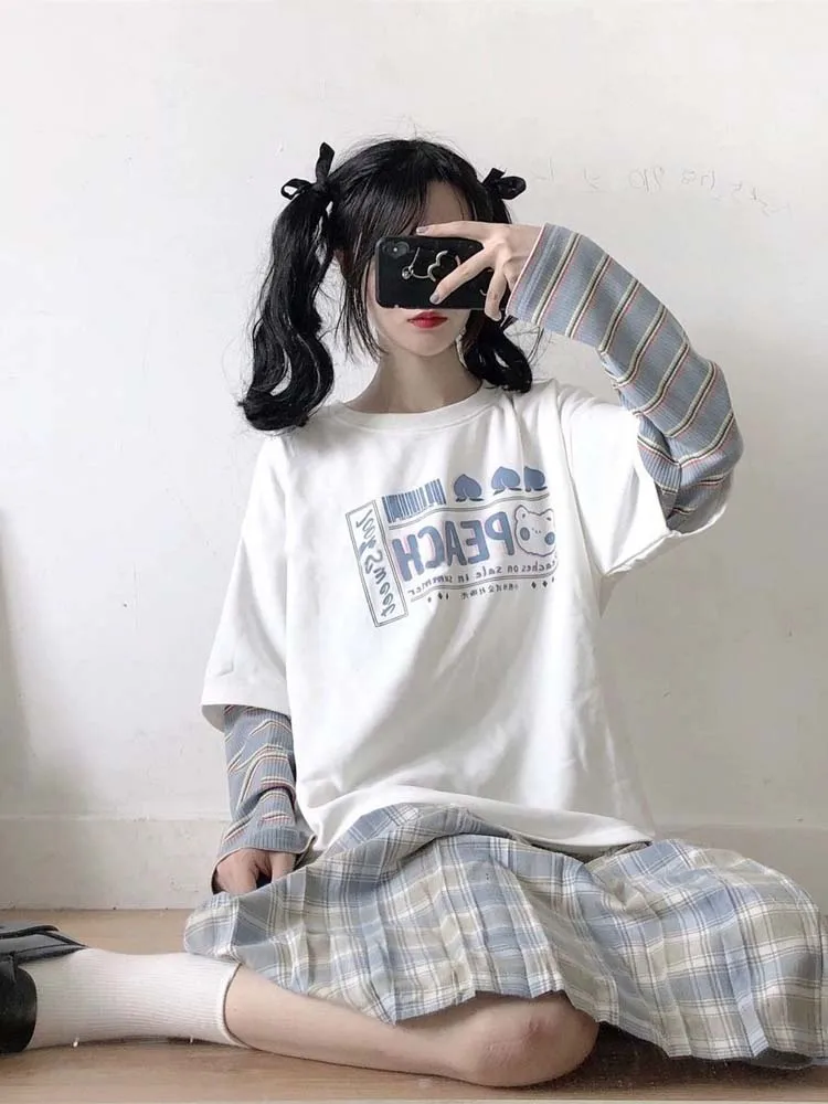 

Kawaii Fake Two Piece T-shirt Women 2022 Japanese Streetwear Long Sleeve Tee Female Tops Striped Cute Alt Clothes Autumn Y2k Top