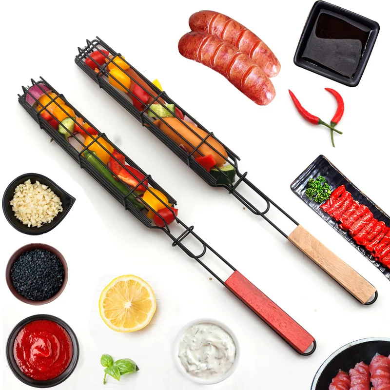 

4 PCS Kabob Grilling Basket Reusable Durable Anti-Corrosion Wooden Handle Barbecue Tool Grill Basket Grill Net For Co-Worker