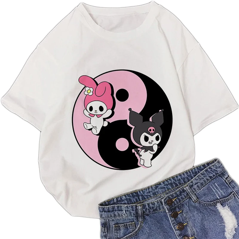 

Женский топ в стиле аниме Kawaii Harajuku Melody Kuromi, свободная футболка с коротким рукавом и круглым вырезом, модный трендовый подарок для девушек