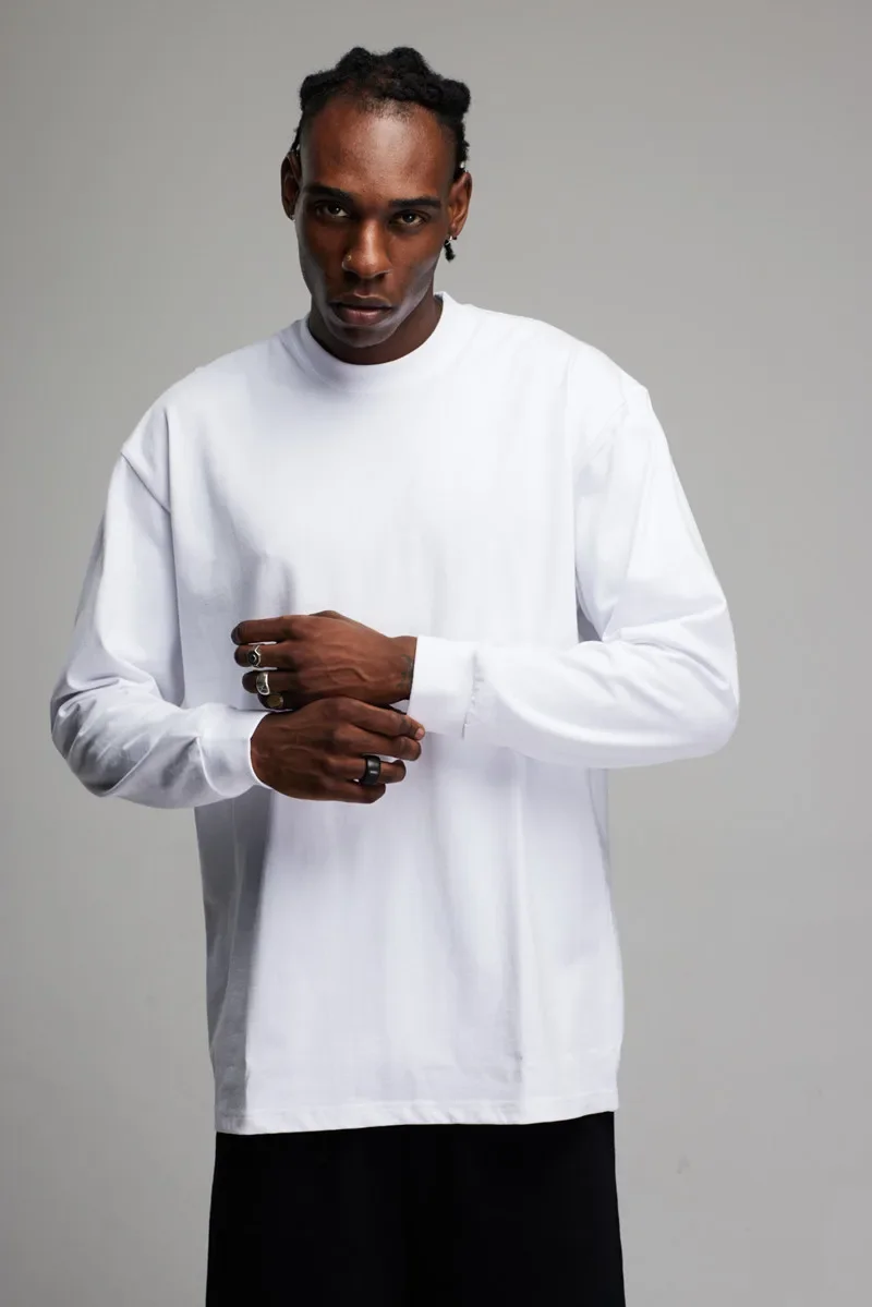 American Pure Cotton Solid Color Mens T-shirt Trend Loose Neckline with Double Gauze Material Base Long Sleeves Men Clothing