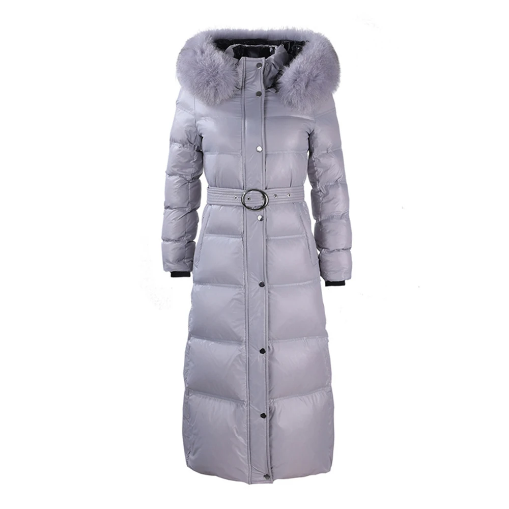 New Women Real Fox Fur Collar Down Coat Winter Fashion Hooded Two-colour Belt Slim Long Down Jacket Thicken Warm Black Overcoat