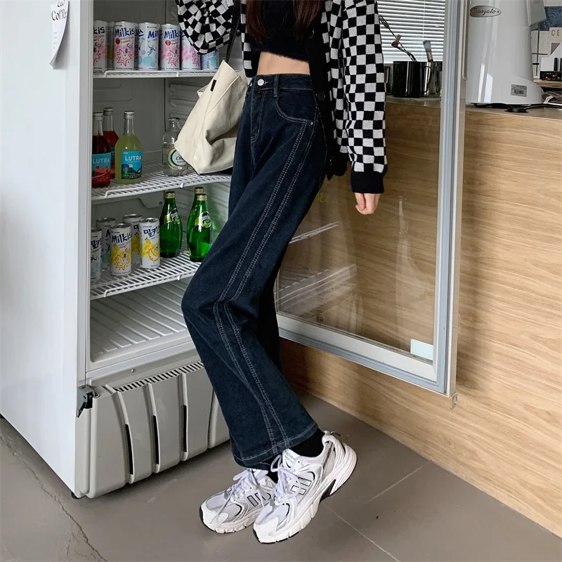 

N1739 New retro design sense open-line high-waisted thin loose wide-leg trousers jeans