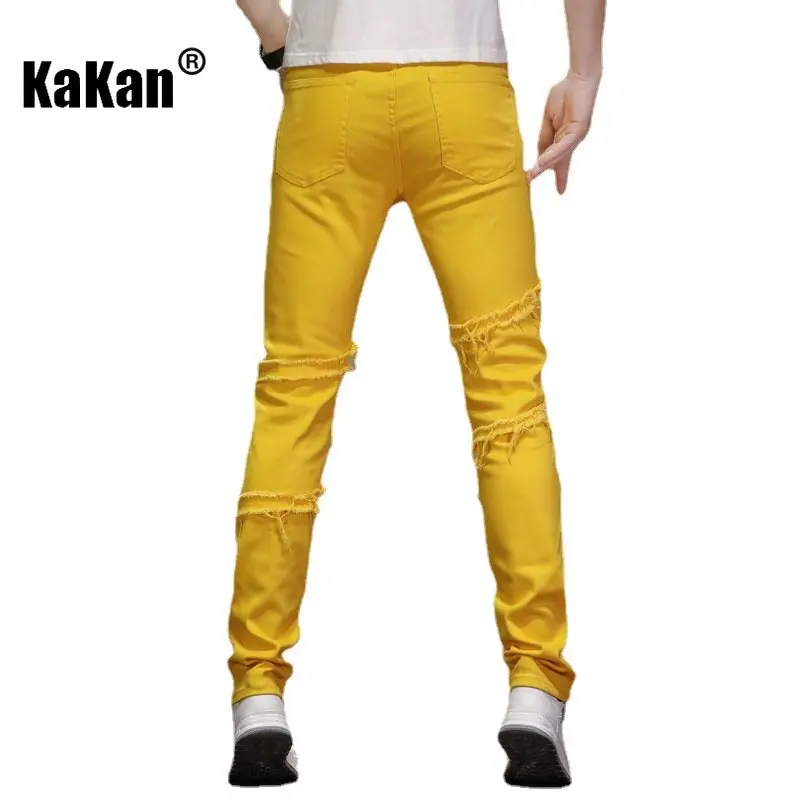 Kakan - New Patchwork Distressed Fluorescent Yellow Jeans for Men, Casual Slim Fitting Trend Small Leg Long Jeans K19-9330