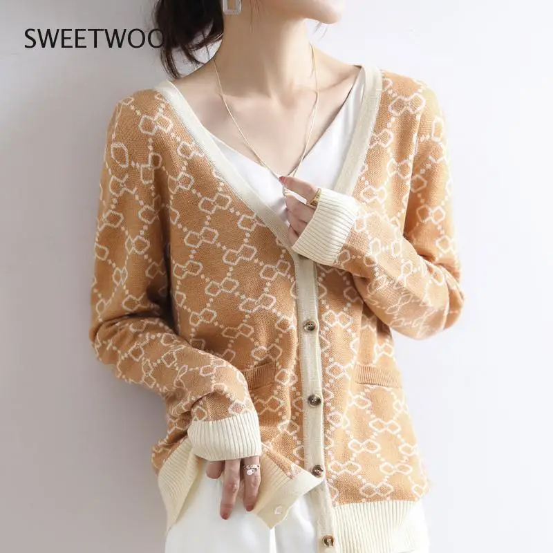 

Spring Autumn Worsted Wool V-Neck Knitted Cardigan Women's Diamond Jacquard Cashmere Loose Lazy Sweater Coat Thin Tide Chic 2022