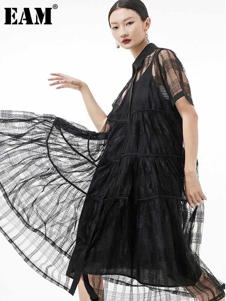 

[EAM] Women Black Lace Hollow Out Big Size Two-piece Suit New Lapel Neck Short Sleeve Fashion Tide Spring Summer 2022 1DE9021