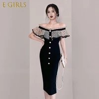 e girls summer elegant sexy slash neck splicing office pencil dress women korean slim single breasted work skinny dresses