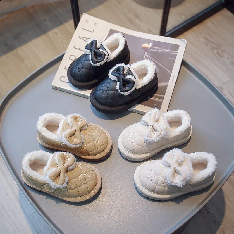 

Kids Girls Cotton Shoes Winter Versatile Casual 2022 New Children Fashion Plush Warm Bow Knot Simple Flats Breathable Loafers