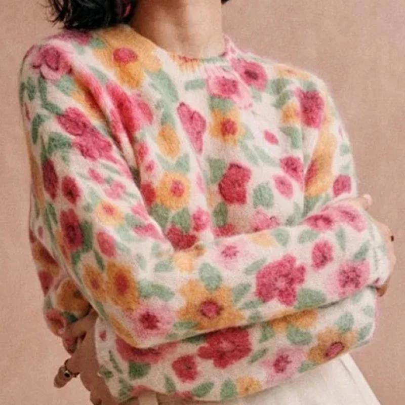

Women Colorful Floral Print Sweater Long Sleeve O-neck knit Pullover tops Ladies Prairie Chic Jumper