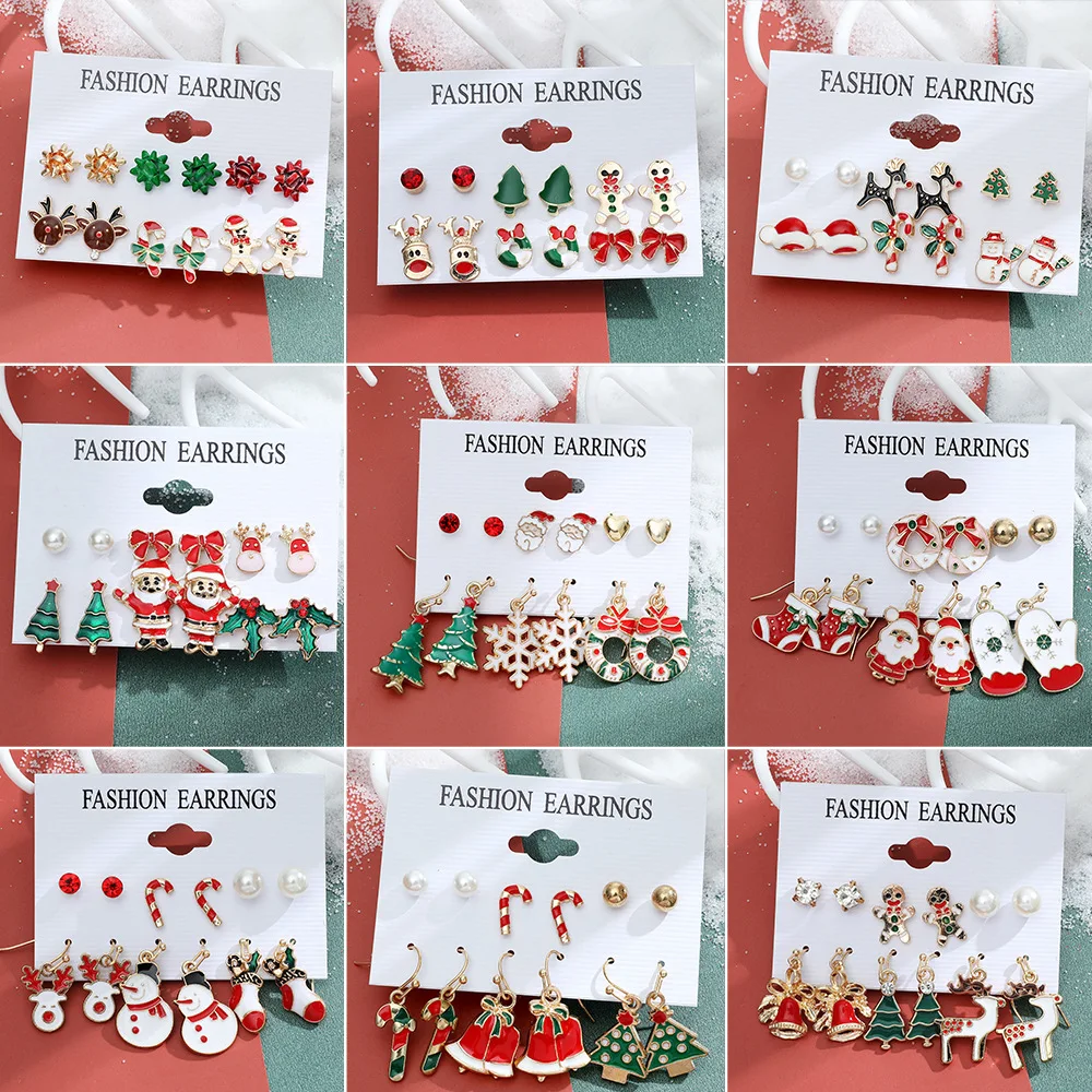 

1set Christmas Ear Studs Girl Jewelry Snowflake Elk Enamel Charm Earrings For Women Jewelry Pearl Rhinestone Piercing Earring