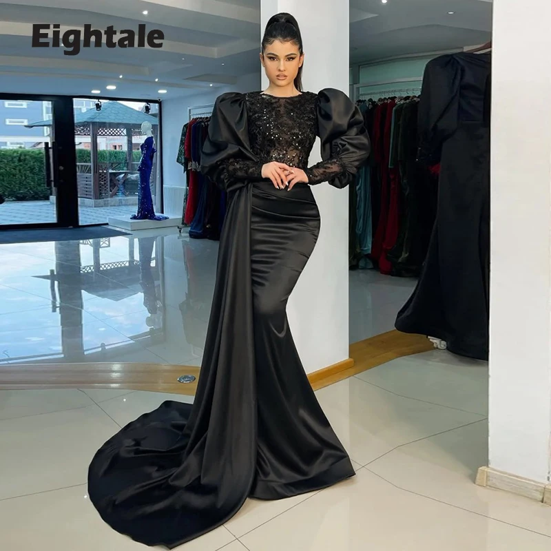 

Eightale Black Evening Dress for Wedding Party O-Neck Long Puffy Sleeves Satin Mermaid Prom Gown Beaded Celebrity vestido festa