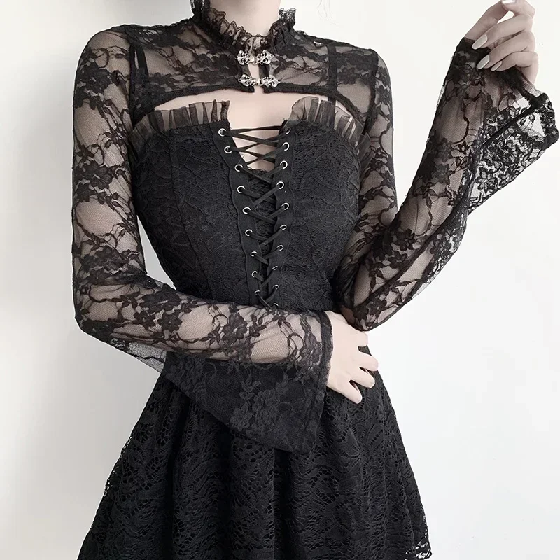 Фото Сетчатые винтажные готические футболки женские Harajuku новые сексуальные черные топы с расклешенными рукавами ажурные прозрачные сексуальные футболки Rave №1