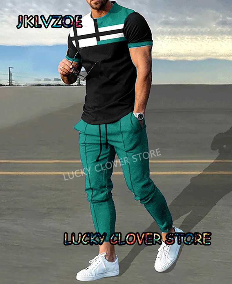 Summer Retro Suit Print Men Round Neck Trousers 2 Pieces Sets Tracksuit T-shirts +long Pants Trend Jogging Sportwear Clothing