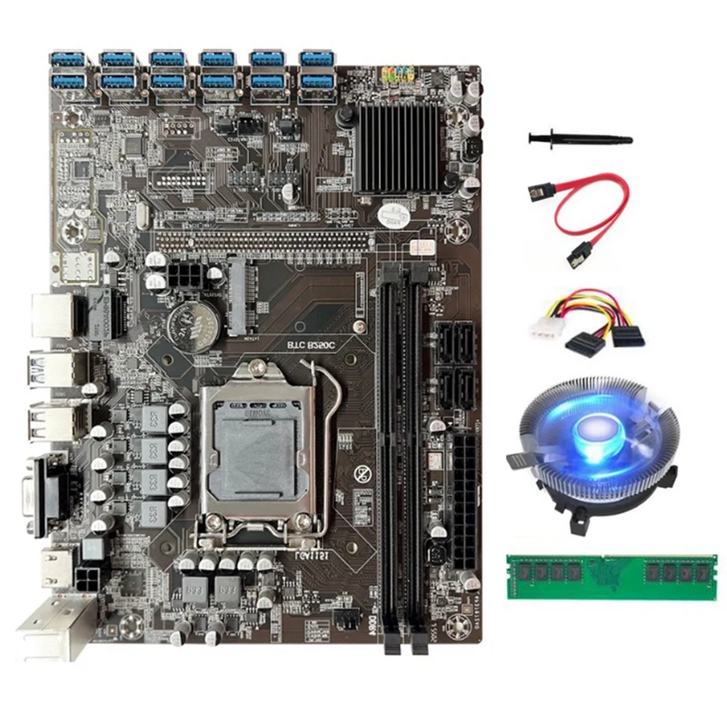 B250C BTC Motherboard 12GPU PCIE To USB3.0 Slot LGA1151 DDR4 4GB 2666Mhz RAM+4PIN To SATA Cable+Cooling Fan ETH Miner