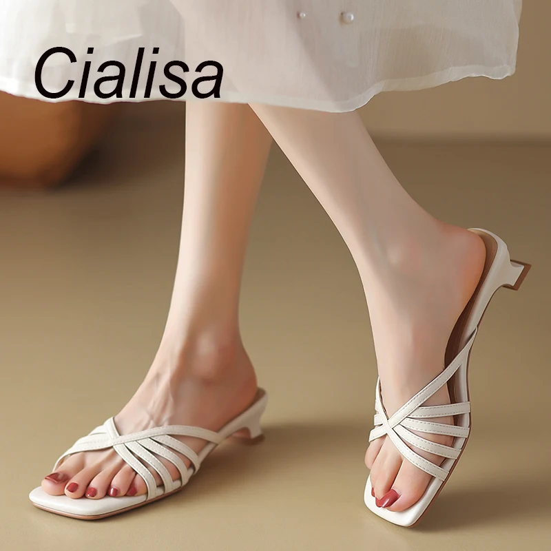 

Cialisa 2023 Concise Slippers Women Summer Genuine Leather Silver Low Heels Ladies Outdoor Woman Shoes Elegant Slipper 40 New