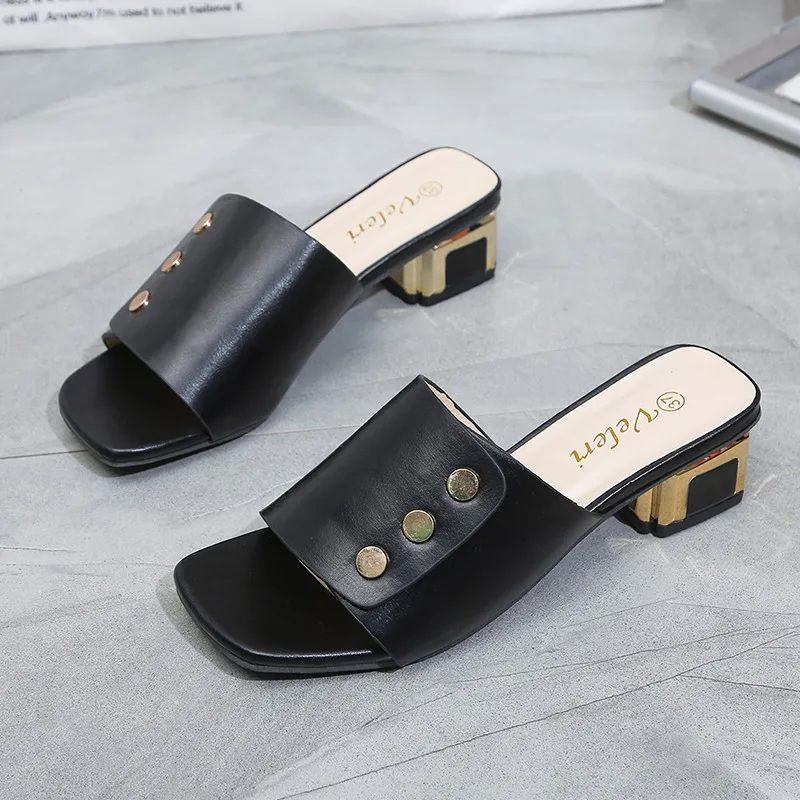 2022 Fashion Brand Slippers Ladies Elegant Heels Sandals Slip On Slide Femmes Ytmtloy Indoor Square Heel Zapatillas Mujer Casa
