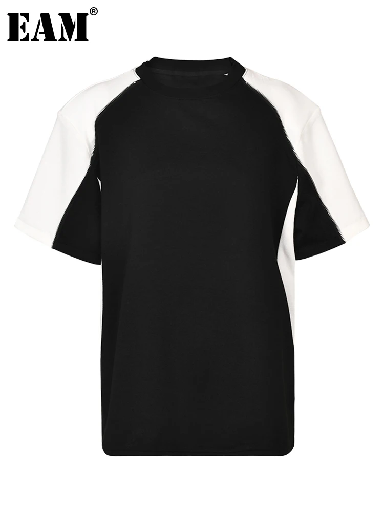 

[EAM] Women Black Color-block Big Size Casual T-shirt New Round Neck Short Sleeve Fashion Tide Spring Summer 2023 CPG0185