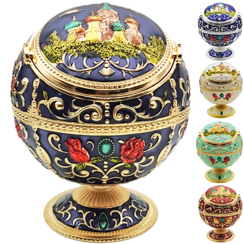 

Luxury Zinc Alloy Ashtray with Lid Windproof Home Office Vintage Decorative Ashtray Globe Shape European Style Smoke Cup