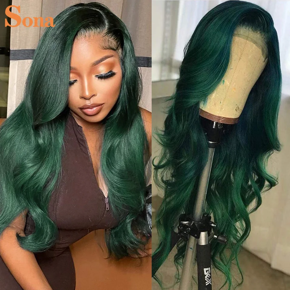 Dark Green Lace Front Wigs For Women Human Hair Pre Plucked Transparent Ombre Green Lace Frontal Wig with Roots Colored