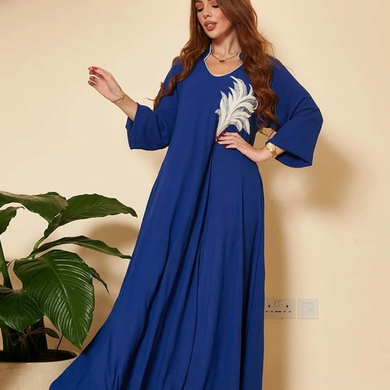 

Spring New Appliques Pleated Long A-Line Dresses For Women's Clothing Solid Color Irregular Hem Fashion Muslim Abaya Ramadan