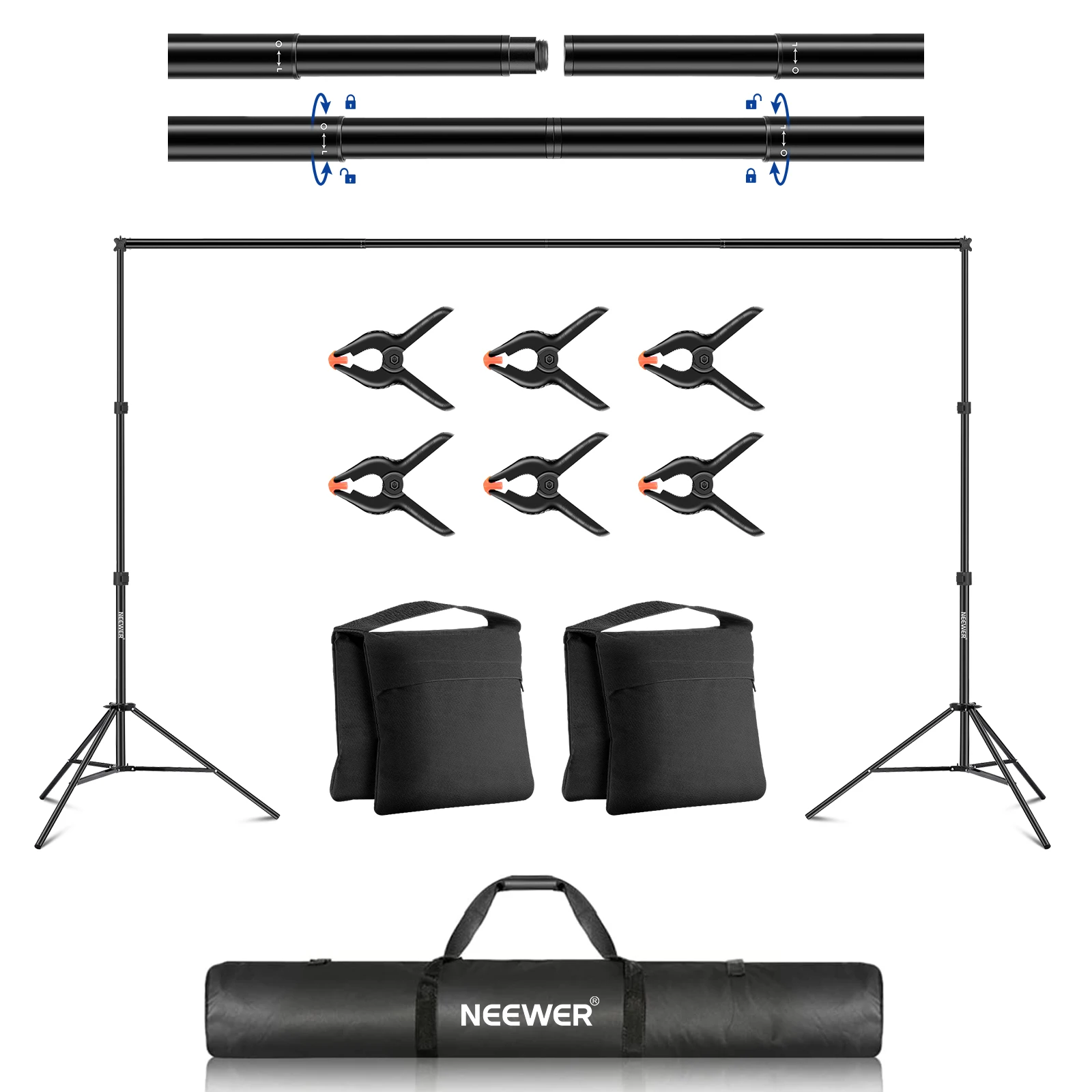 

NEEWER Photo Studio Backdrop Support System, 10x7ft Adjustable Background Stand with 2 Telescopic Crossbars, 6 Backdrop Clamps