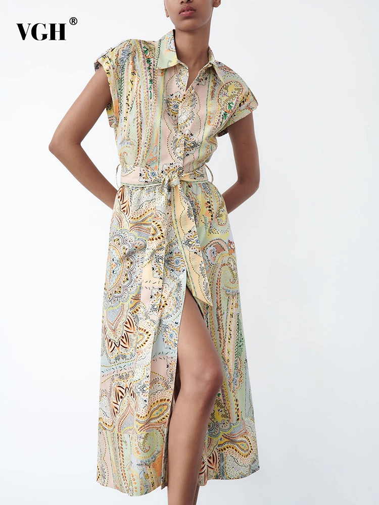 

VGH Temperament Printing Dresses For Women Lapel Sleeveless High Waist Patchwork Lace Up Hit Color Dress Female Summer Clothing
