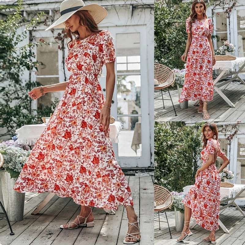 

Women Summer Vintage Puff Short Sleeve Floral Print Midi Long Dress Sexy Cut Out Lace-Up Backless High Waist Ruffle Hem Flare