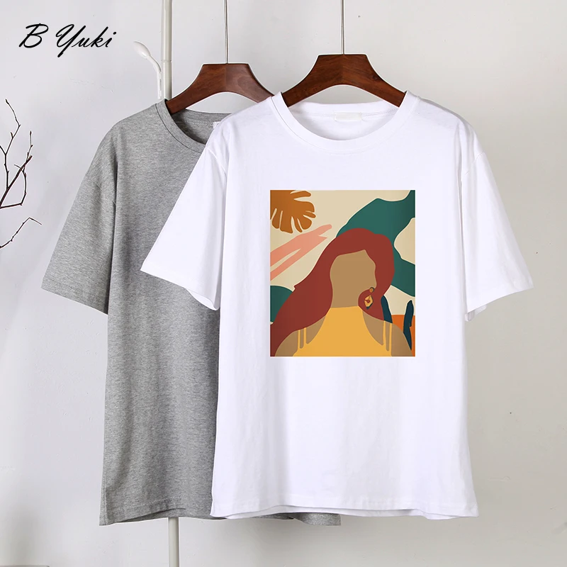 Blesyuki-Camisetas estampadas de estética para mujer, camisetas holgadas Vintage 100% de algodón, Camisetas estampadas abstractas para mujer, Top informal suave