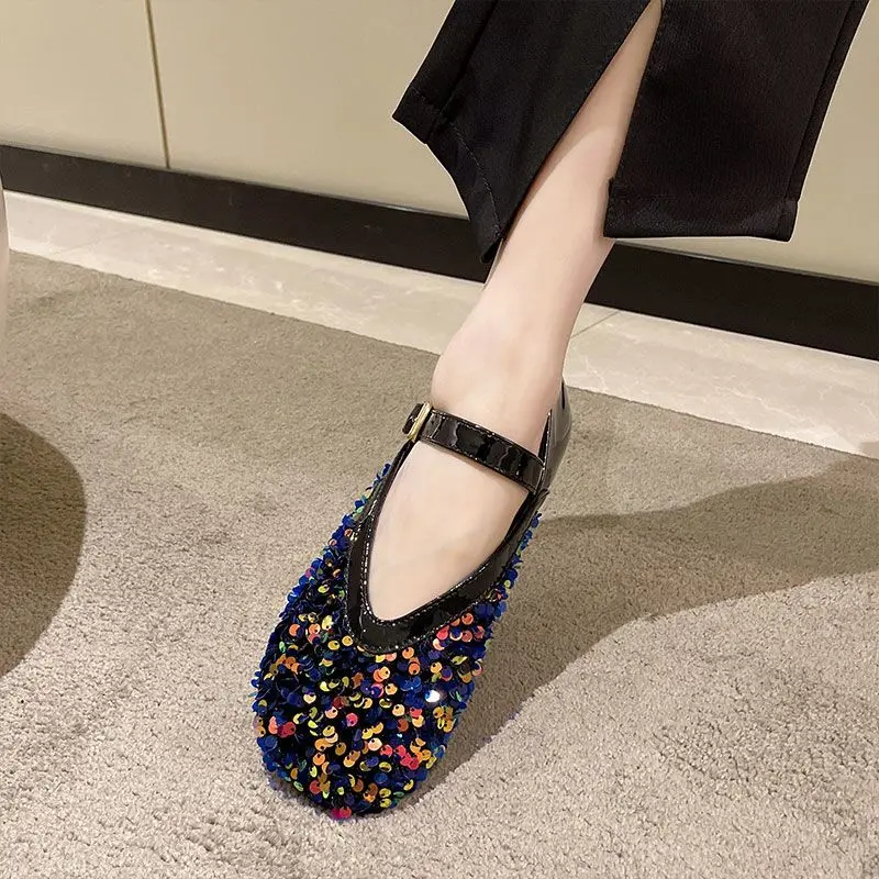 Wide Leg Fit Mary Janes Shoes for Women 2023 V-shape Shallow Sequin Flats Female Mom Flat Glitter Loafers Womens Ballerina Shoes