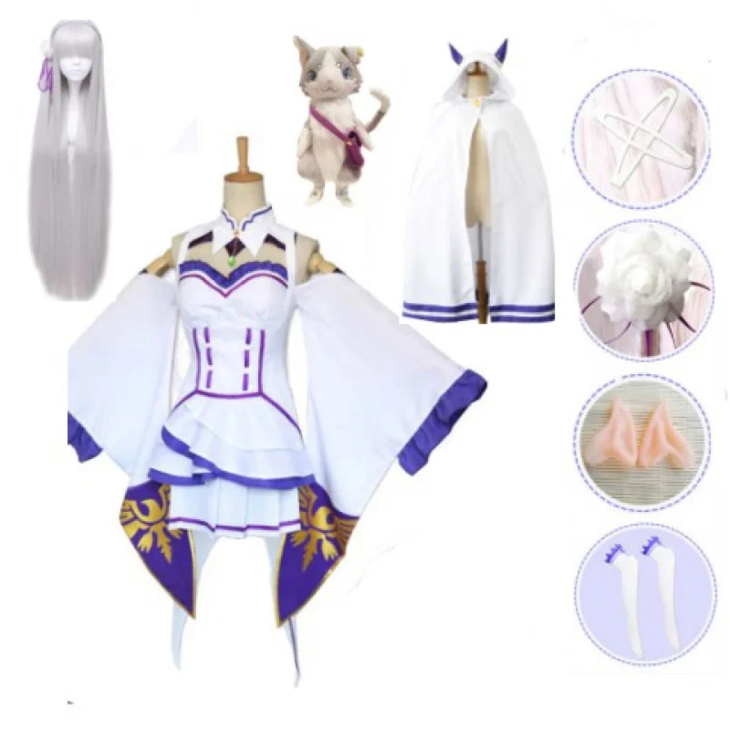 

Emilia Dress Re Zero Cosplay Sets Wig Women Cosplay Dress Emilia Cosplay costume Anime Cosplay Party Halloween Party cloak wig