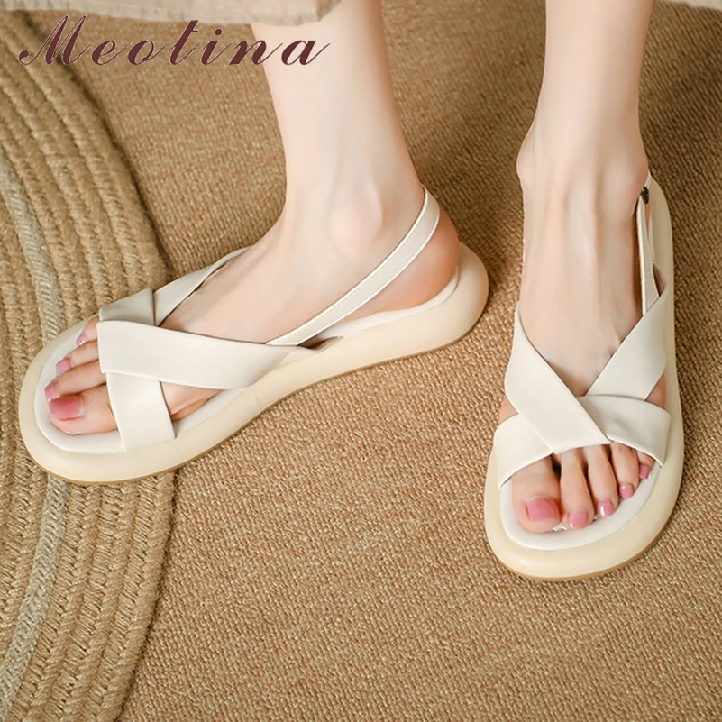 

Meotina Women Sandals Round Toe Flats Platform Buckle Concise Brand Design Ladies Fashion Casual Shoes Summer Apricot Beige 43