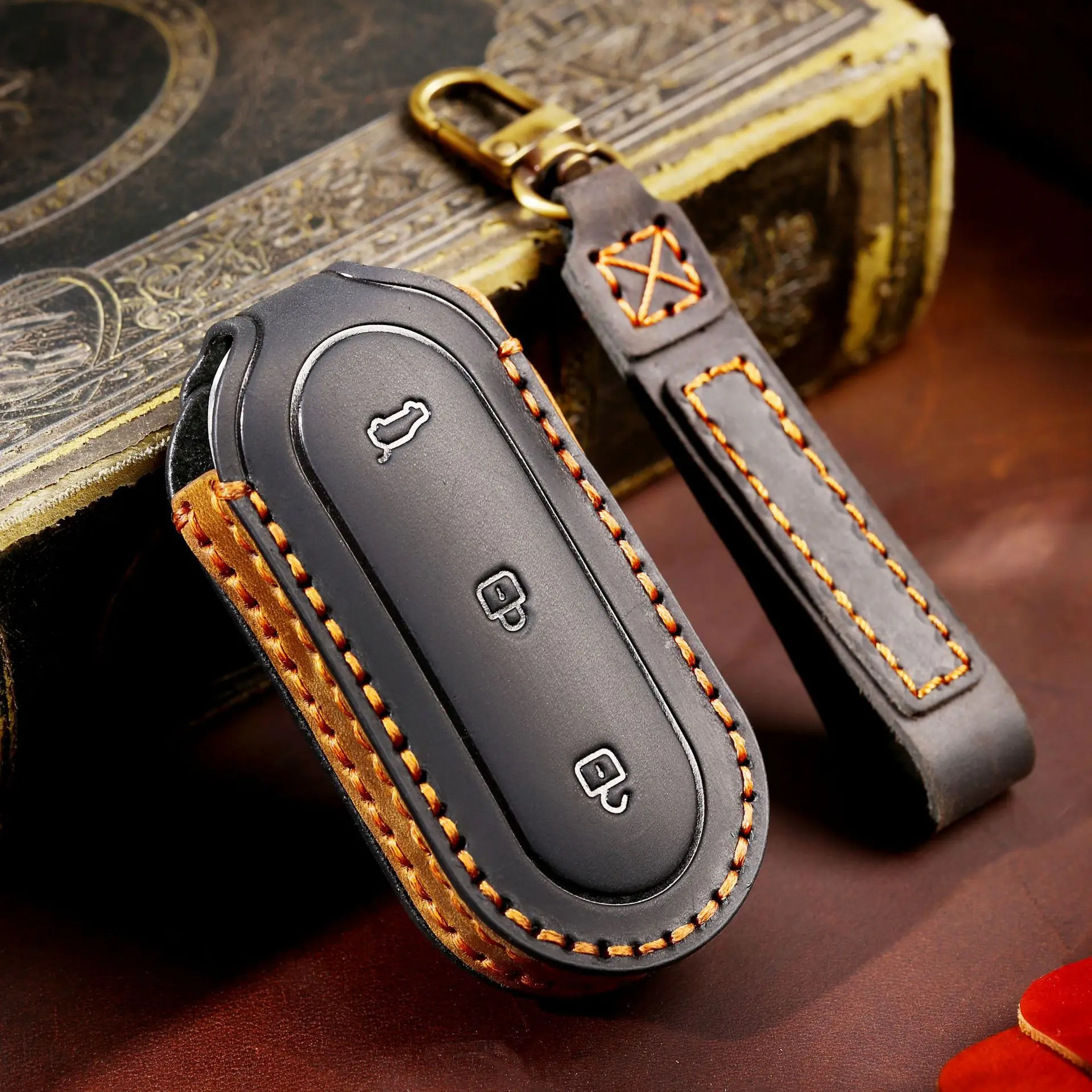 

Luxury Crazy Horse Leather Car Key Cover Case Keyring Protective Bag for Leading Ideal One Li Auto L9 Fob Protector Keychain