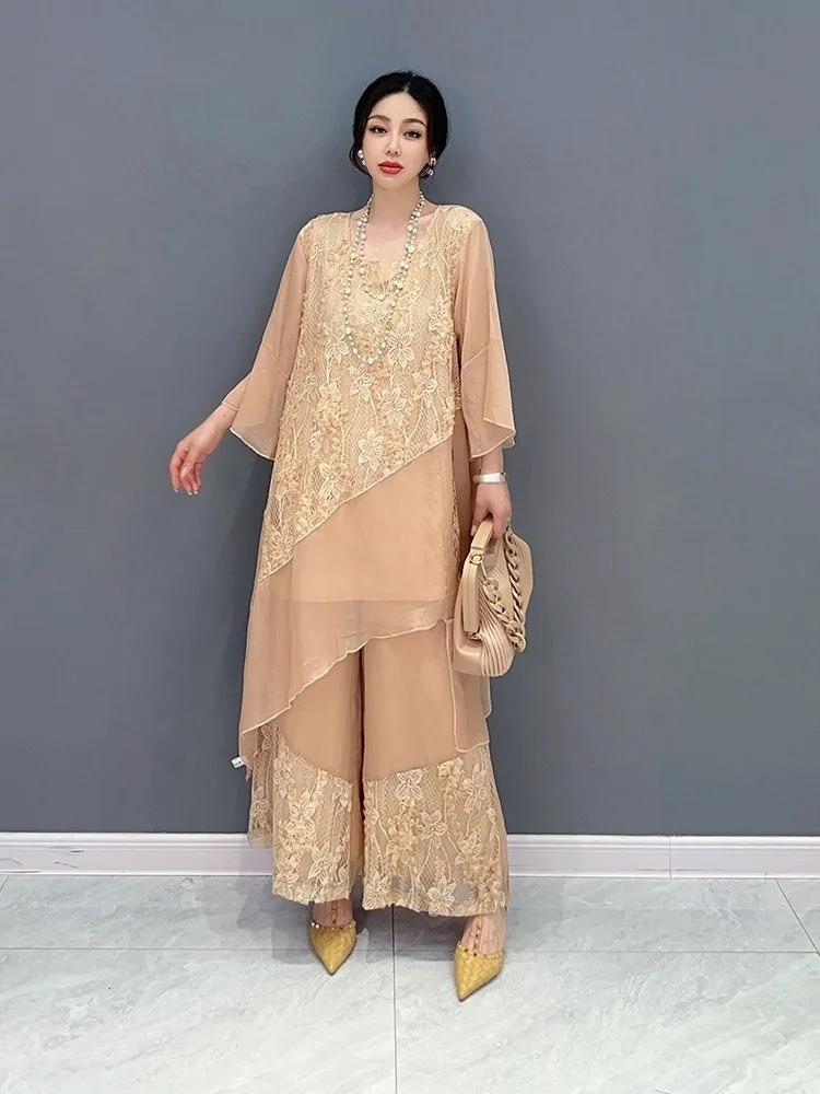 

Женский комплект из двух предметов, повседневный сетчатый топ и брюки с широкими штанинами, розовый и желтый комплект в Корейском стиле, Y546, лето 2023