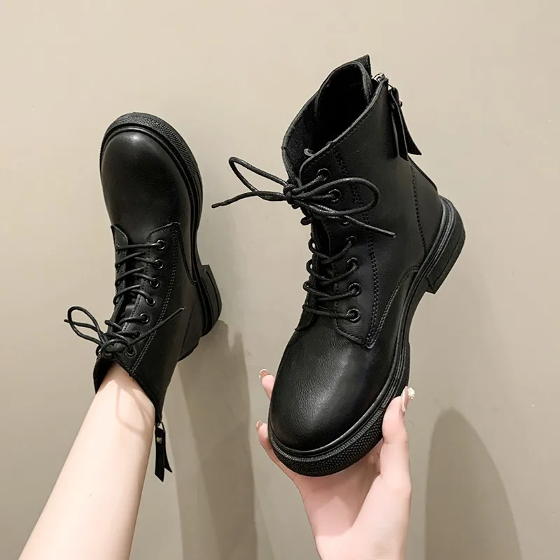 Fashion Boots Women Platform 2022 Autumn Winter Warm Leather Zipper Short Boots Female Motorcycle Ankle Boot Botas Mujer Black