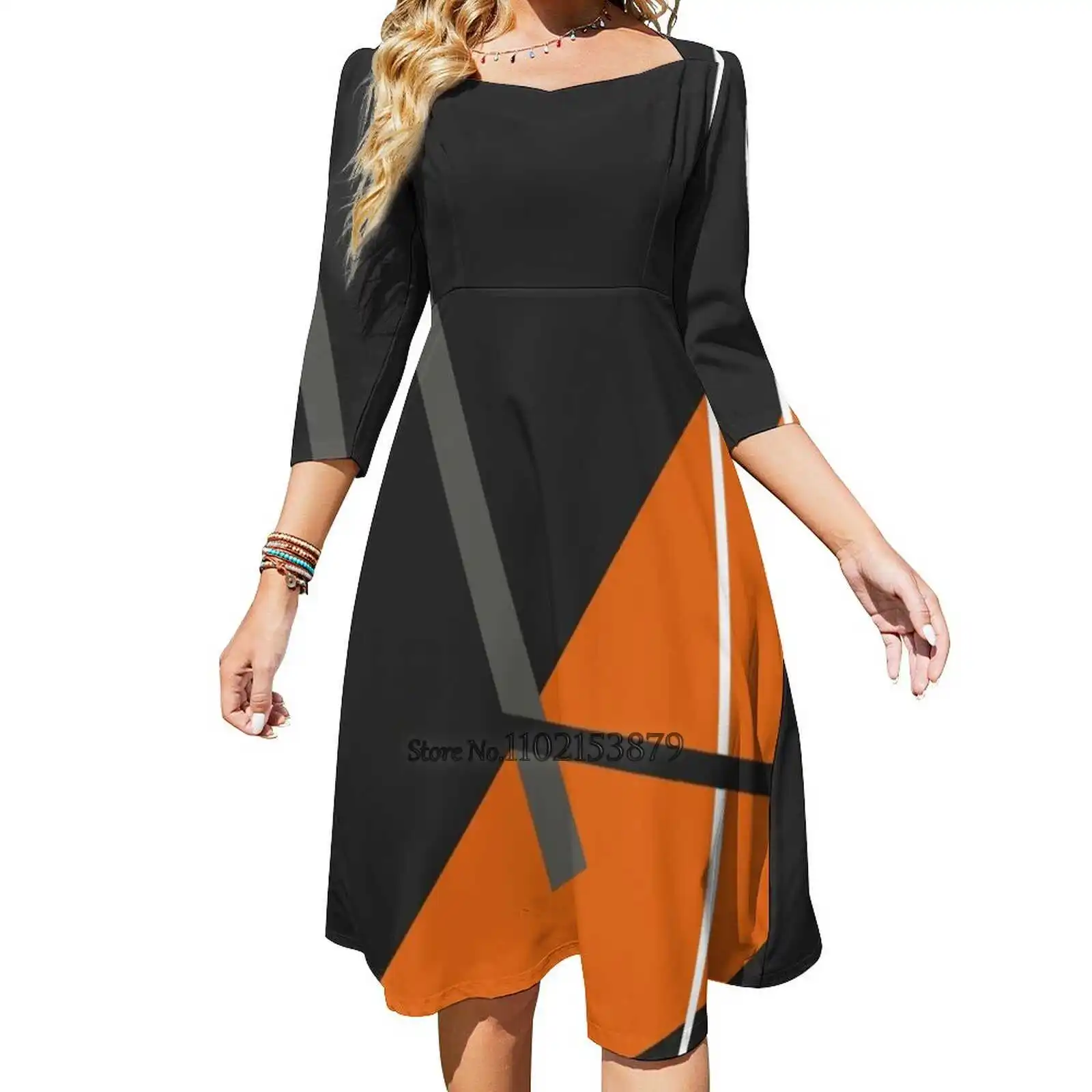 

Женское платье с квадратным вырезом, Элегантное летнее платье с геометрическим принтом, с лямкой на шее, #8