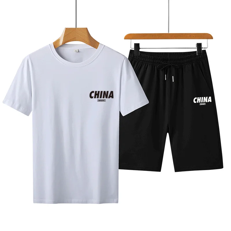 2023 New National Fashion Letter Printed Cotton Short-Sleeved T-shirt Men's Loose Shorts Two-Piece Set Hot Sale Set