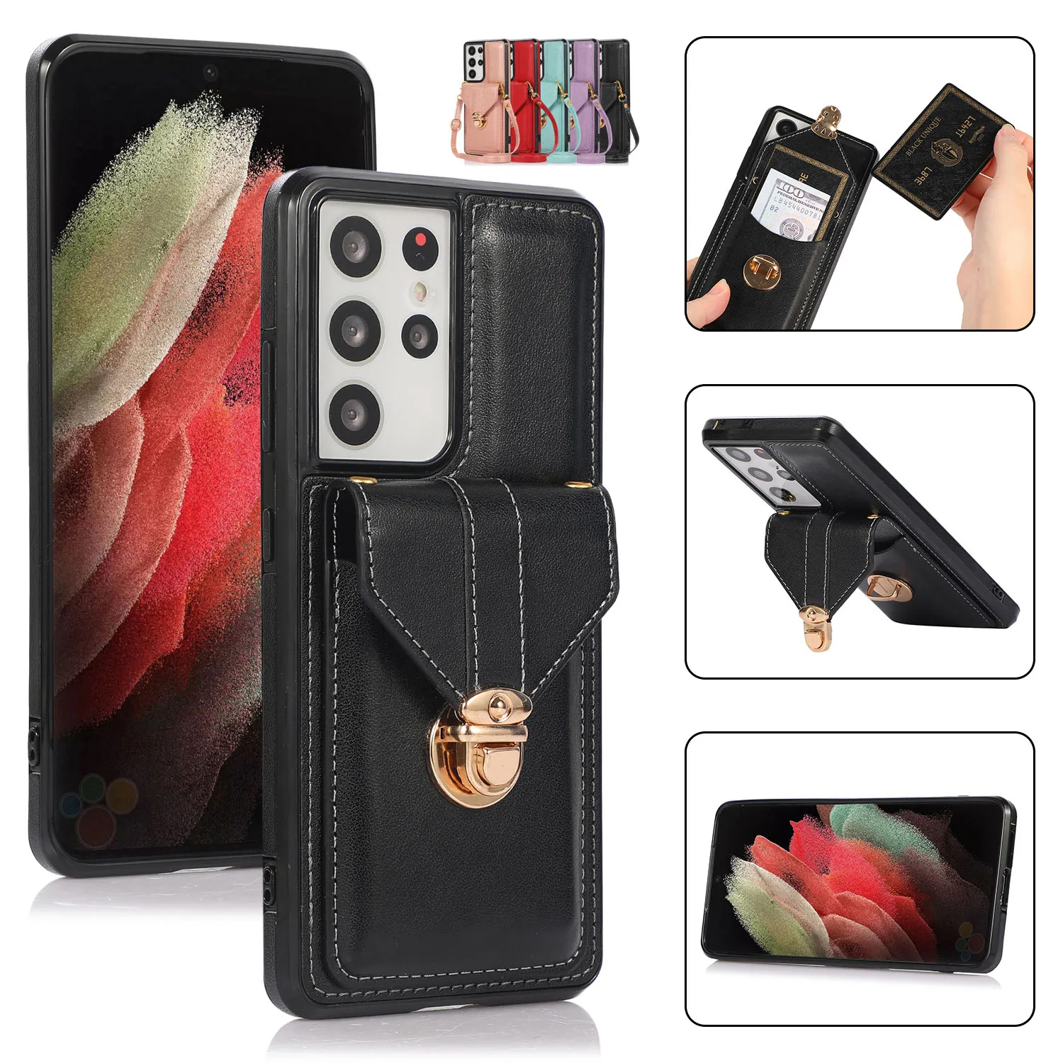 

Folio Case for Samsung Galaxy S21 Ultra S21 Plus S20 FE Note 20 S10 Luxury Shoulder Strap Buckle Vegan Leather Card Holder Cover