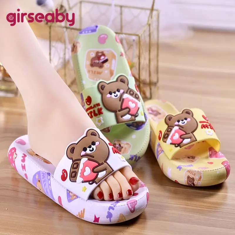 

Женские нескользящие шлепанцы Girseaby, белые и желтые уличные шлепанцы с мягкой массивной подошвой и милым медведем, для дома и ванной, модель ...