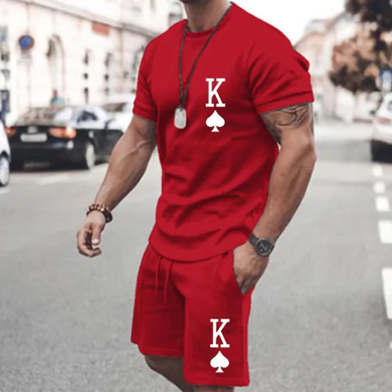New Men Fashion King Letter 2-piece Set Men Street Short Shirts Shorts Casual Oversized Comfortable Clothes Jogging Training Set