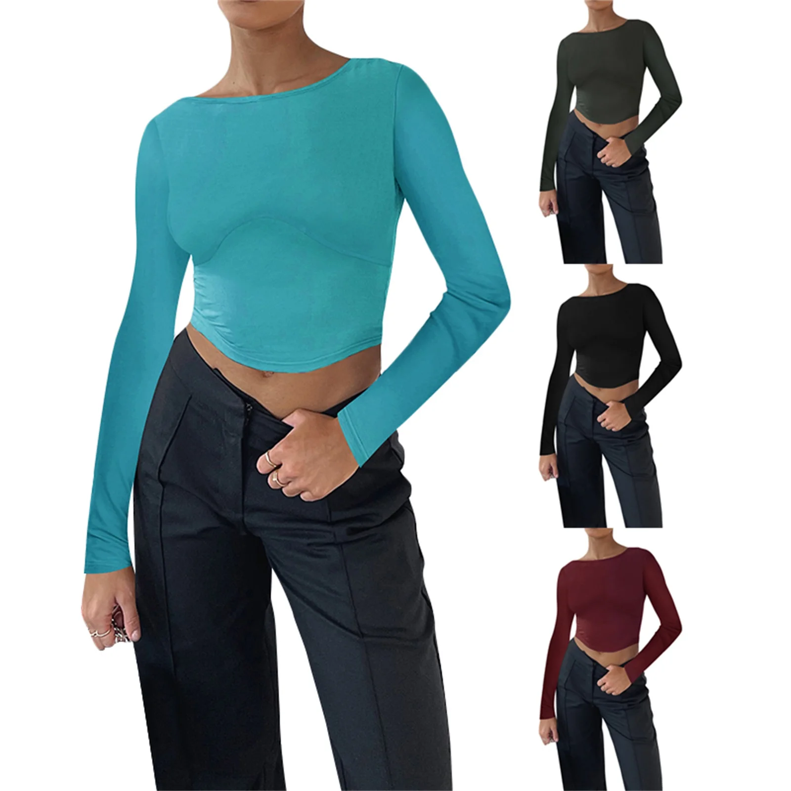 

Женские укороченные топы с длинным рукавом, Однотонная футболка с круглым вырезом и открытой спиной для весны и лета