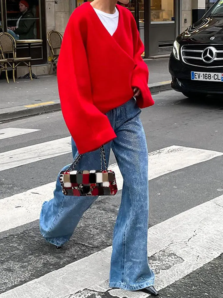 Женский свитер в стиле ретро красный Свободный пуловер с V-образным вырезом и